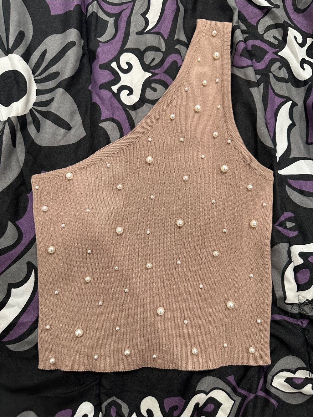 Pearl-Embellished One-Shoulder Knit Tank - Blush